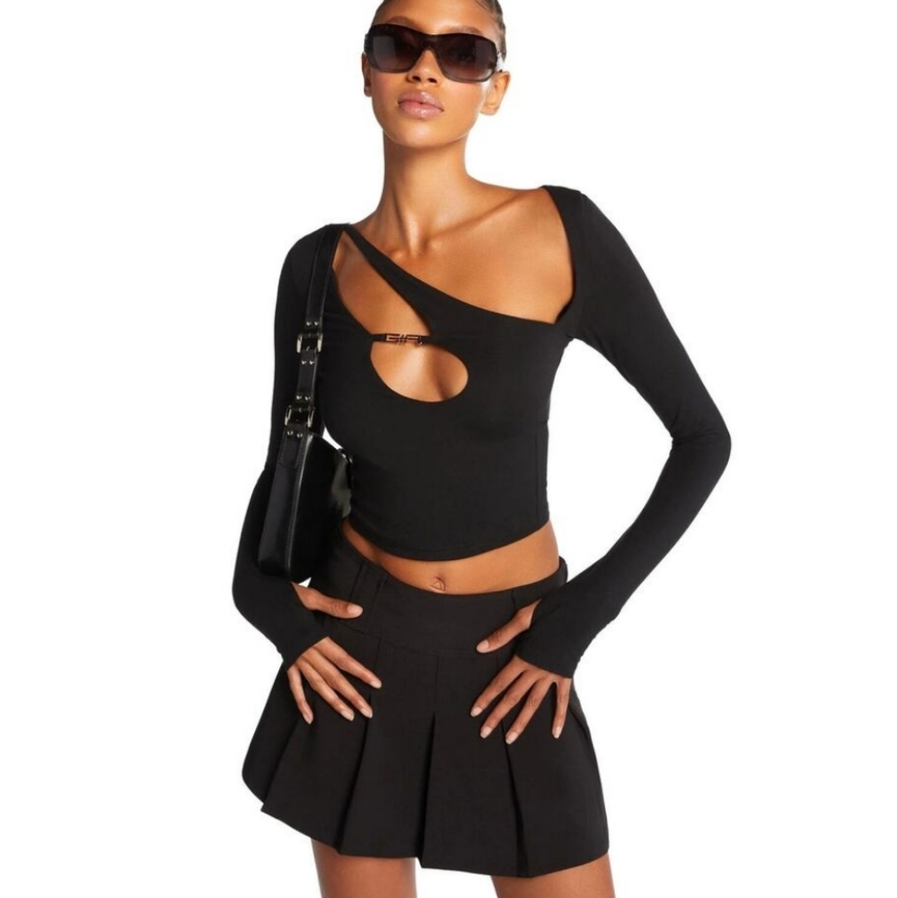 I.AM.GIA Black Asymmetrical Cutout Long Sleeve Top